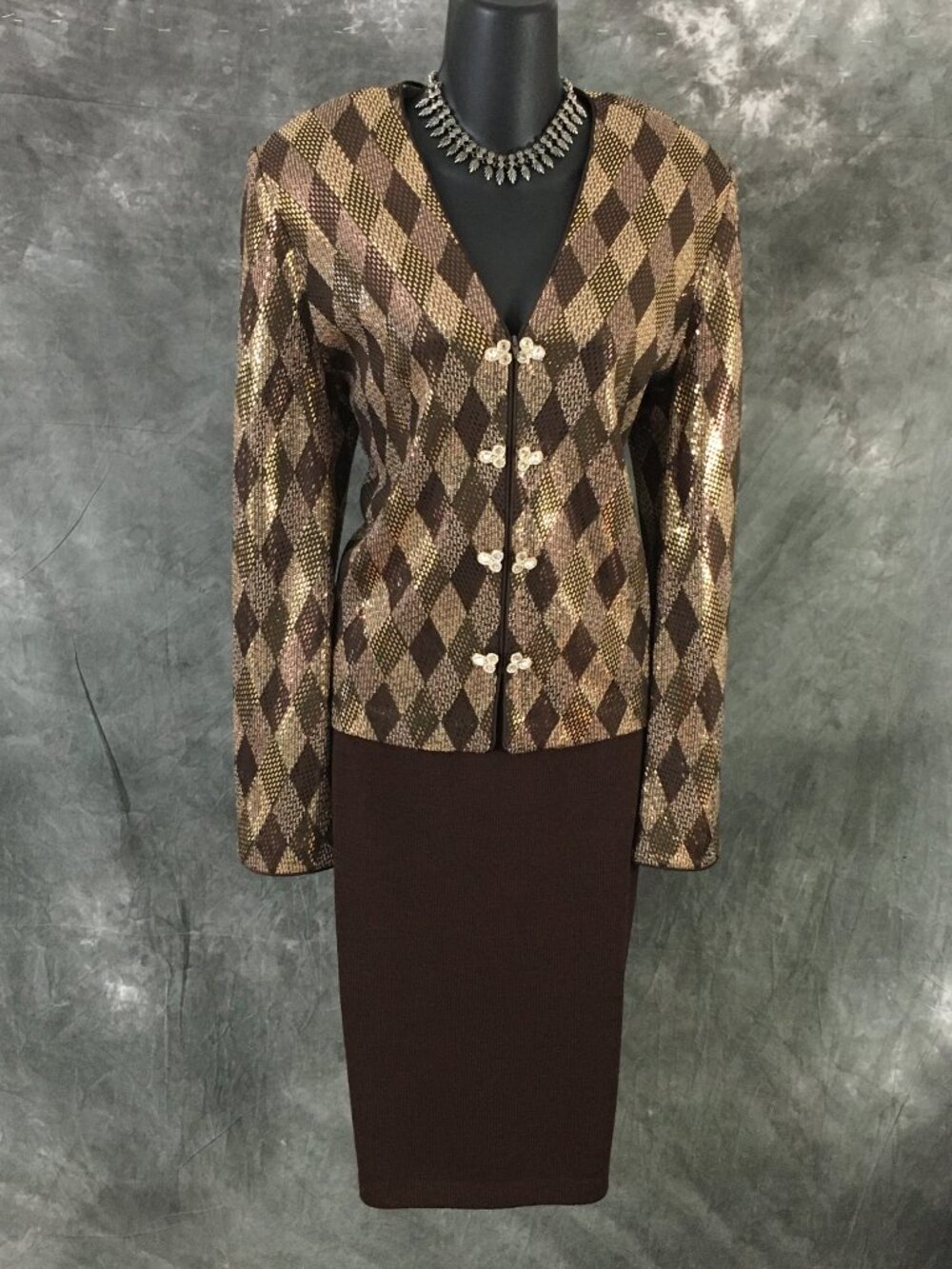 BEAUTIFUL St John knit Brown multi rhinestones embellished skirt suit Size 12 - Picture 4 of 10